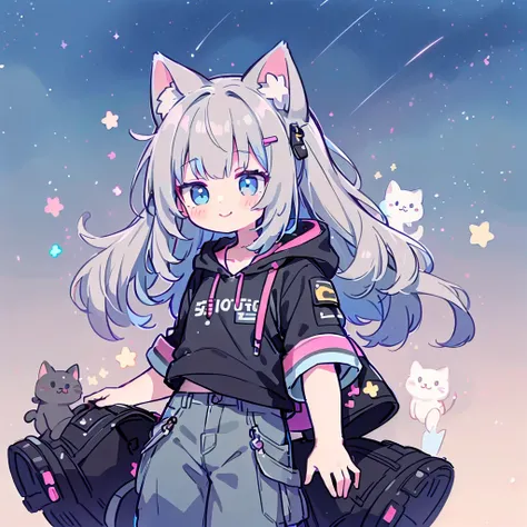 ((Highest quality，masterpiece，Extremely complex and exquisite details，A short girl with gray and blue cat ears and long hair is in the center，Gray blue super long straight hair，Curly hair at the ends，Sparse air bangs，Gray and pink T-shirt with xJ lettering...