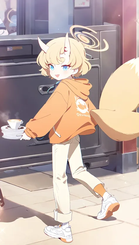 A 16 years old boy, white shoes, Latte coloured jeans, Pastel orange hoodie, oni horns, fox tail, Blue eyes, blonde hair, Orange halo, Short curly hair, ponytail, (Blue Archive character)