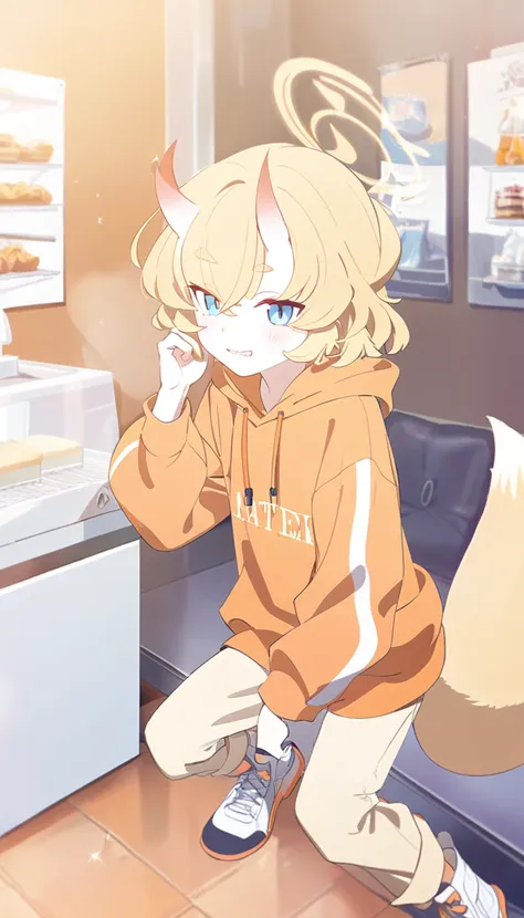 A 16 years old boy, white shoes, Latte coloured jeans, Pastel orange hoodie, oni horns, fox tail, Blue eyes, blonde hair, Orange halo, Short curly hair, ponytail, (Blue Archive character)