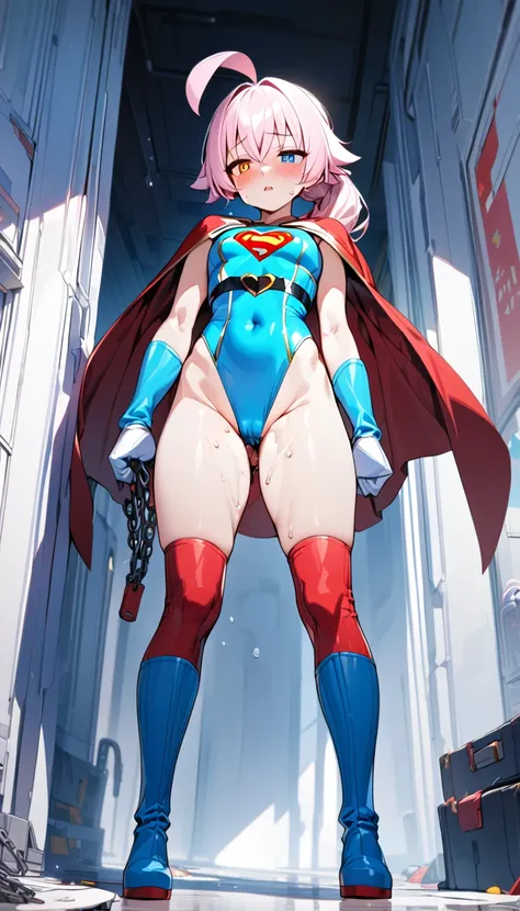 (full body), (masterpiece:1.2), (Highest_quality:1.2), (Ultra_detailed:1.3), 8K, Low - Angle，From below， 1 Girl，alone，大きなButtの女の子, red knee high long boots，wearing spcc costume with cape，( Supergirl), Blue leotard，Red mini skirt，Red Cape，gloves，hoshino-pon...