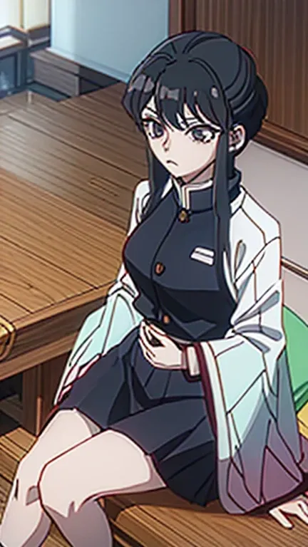 demon slayer anime style,  Kotouji Agamaki, 1 girl 22 years old, serious and calm with gold eyes and pronounced eyebrows, Long straight braided hair surrounding your hair, dark purple hair with the most striking violet tips and two side sideburns of hair a...