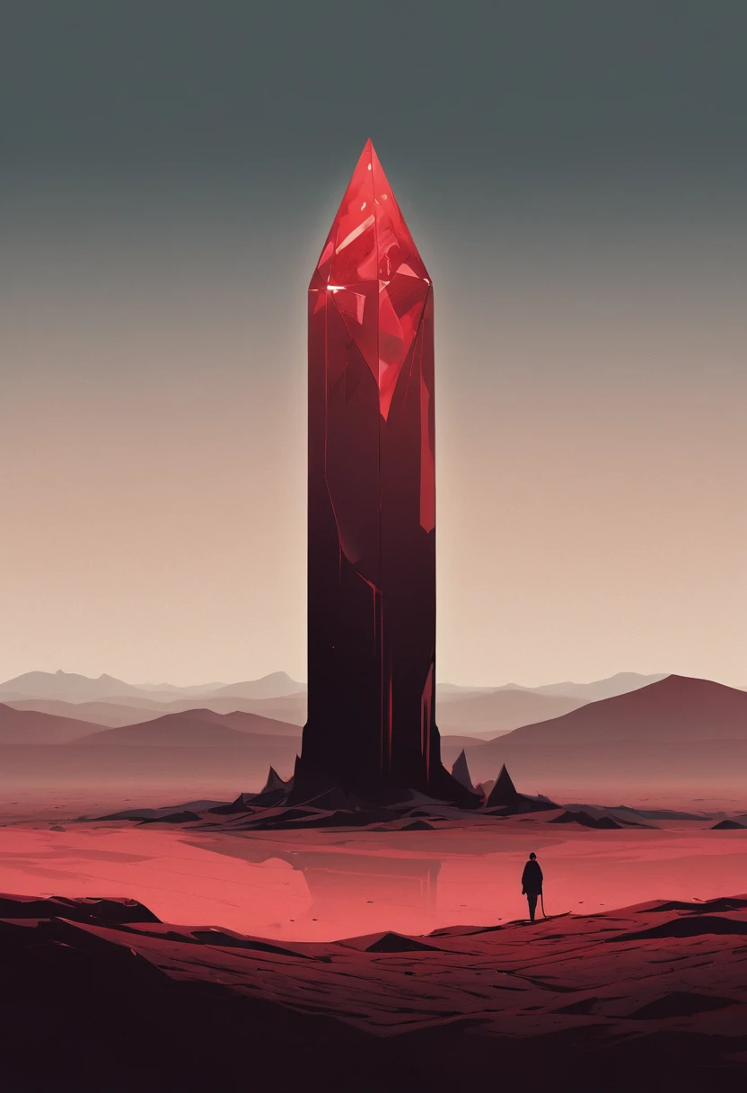 noise, simple，Minimalist illustration，Giant tall and thin blood crystal column，Minimalist surreal landscape，Doomsday atmosphere