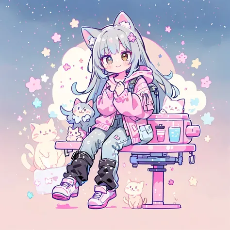 ((Highest quality，masterpiece，Extremely complex and exquisite details，A short girl with gray and blue cat ears and long hair is in the center，Gray blue super long straight hair，Curly hair at the ends，Sparse air bangs，Gray and pink T-shirt with xJ lettering...