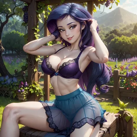 (((beautiful female body))),(((rarity as a sweet charming hot seductive horny model))) ,(((sit on the fences of grape garden crossed legs)))), (((outdoor))),(((jungle in background))),(((lewd and erotic posing))), (((happy wicked smile))) ,(((wear light bl...