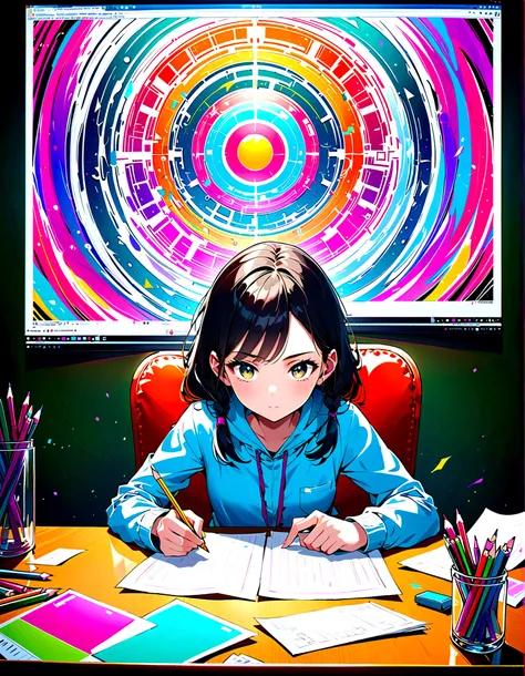 A 17-year-old girl taking a paper test,Focus on the girl,She is a quiet and smart girl..,A woman is sitting in a chair in front of a desk with a paper test on it。.,There are pencils and erasers on the desk..,The girl is working on a paper test with a serio...