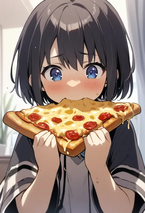 girl,Ten years old、 cute, short hair, Big blue eyes, Biting into melted cheese pizza、Eat pizza deliciously