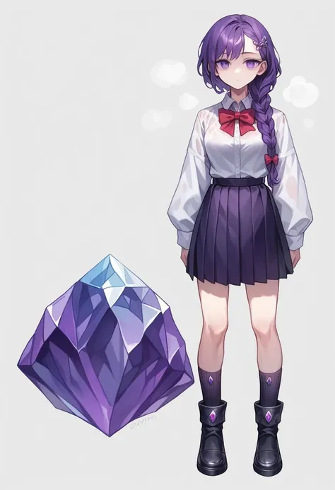 masterpiece,(bestquality),highlydetailed,ultra-detailed, cold, solo, (1girl), dark purple hair, very long single braid, bright purple eyes, white collared shirt with furisode sleeves, thin red bow tie under the collar, diamond-shaped pin on the front of th...