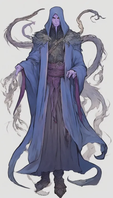 Mind flayer，Inspired by Dungeons & Dragons，Inspired by Cthulhu，Full body concept art illustration of Mind Flayer。The character has human-like proportions，tall、slim and muscular。The character has 4 tentacles extending from its chin，Light purple skin，Almost ...