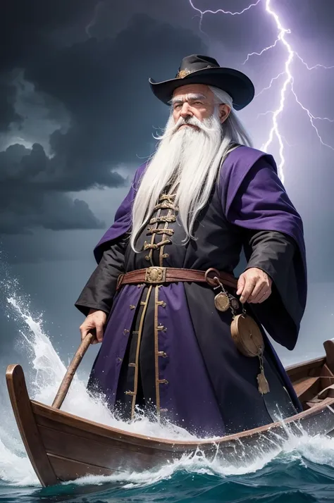 Create the image of a wise old man with white hair and beard, he has black skin and violet eyes, He dresses like a medieval researcher and has electrical powers coming out of his hands , with colorful clothes, He is in a large boat in the middle of a storm...