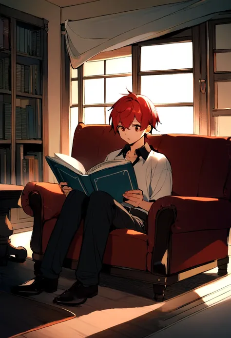 2 boys, 16 years, green and red hair, sitting on the couch, reading, in room