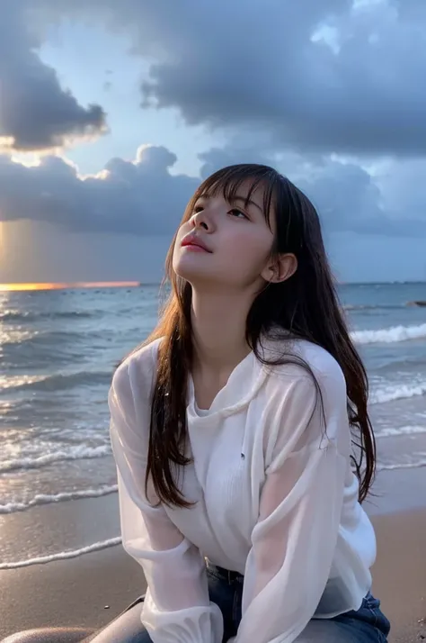 22year old beautiful girl、Highest image quality、realistic、16K、beautiful woman、long hair、With bangs、Pretty slim、heavy rain、While walking through the Beach in the rain、wet from heavy rain、Full body figure、Look up at the sky、sitting on the beach、Look up at th...