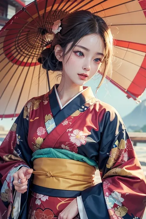 A woman in a vibrant, colorful kimono holding a red umbrella, inspired by the art of Ryūshin Fujiwara, with ukiyo-e style, flickers of light, wearing a classy, pale-colored kimono, detailed facial features, porcelain skin, long eyelashes, elegant posture, ...