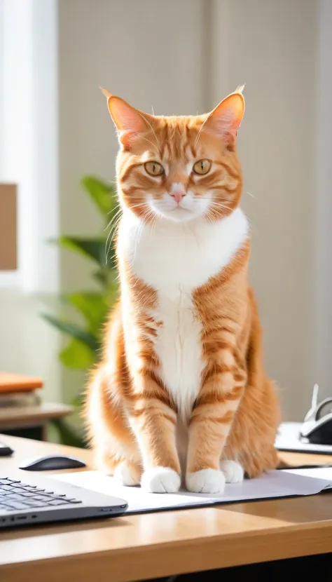 orange cat, listless, sitting at a desk， 8k, highest quality, maximum resolution，original photo、real、live recording、high resolut...