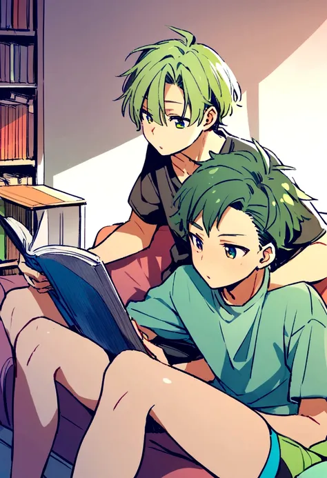 2 boys, 16 years, green hair, sitting on the couch, reading, in room