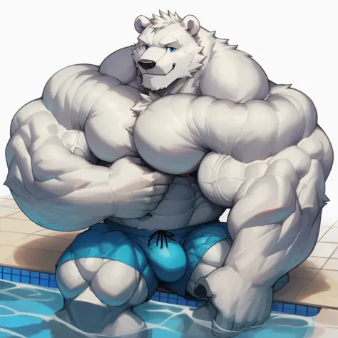 solo, 1boy, perfect anatomy, (furry white bears, polar bear,) perfect proportion,l, big eyes, wide chest, bulky, bulk, bulge, happy. Huge Muscular Old man with sitting in swimming pool ,(blue shorts), view from side, pectoral, thick arms, huge pectoral, hu...