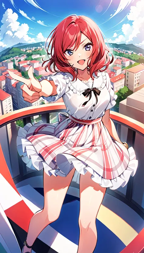 One girl, Maki Nishikinos whole body, wearing clothes for going out in the city in midsummer, id_maki_nishikino,Pointing at the viewer, town background