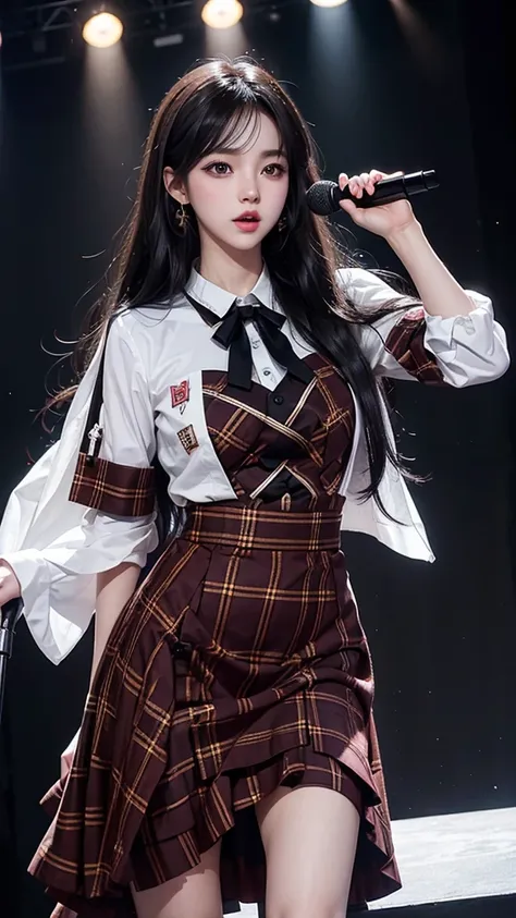 １People Girls,8K, RAW Photos, Highest quality, masterpiece,Realistic, photo-Realistic,Idol Costumes,stage,indoor,whole body,close,Black Hair,Long Hair,Eyes Brown,Cute pose,Plaid costume,microphone