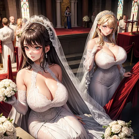 Woman with huge breasts in lace neckline and wedding dress at the altar