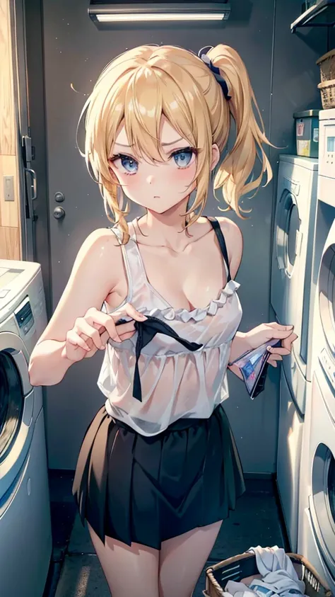 One girl,Expressionless、boyish、Cleavage、
Laundry room,washing machine, Laundry basket, a few underwears are in a Laundry basket,
Blonde, {{{short ponytail:1.3}}}、Glare、, Black tank top、,, skirt, プリーツskirt, 黒いskirt, Very small breasts,
Face close-up,Upper B...