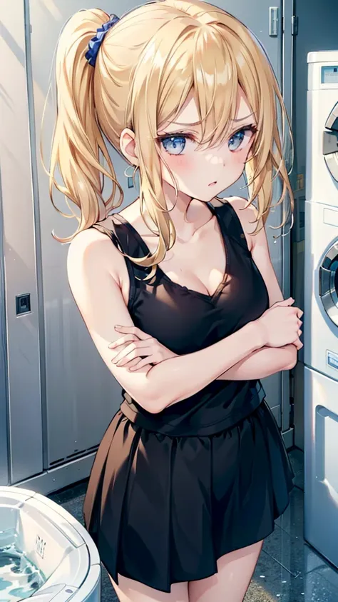 one girl,expressionless、boyish、cleavage、
laundry room,washing machine, laundry basket, a few underwears are in a laundry basket,...