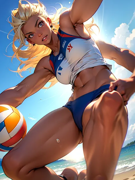 womens professional beach volleyball player, tanned skin, (spike attack:1.3), looking at ball in air, (dynamic effects), (dynamic hair), in sunny sandy beach stadium, from below, masterpiece, best quality, extremely detailed, crisp image, sharp image, clea...