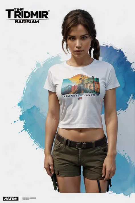 A t-shirt with style, t-shirt design, centered artwork, 2D vector, watercolor, Lara Croft Tomb Raider, white background, Adobe Illustration, Trending on Artstation, hd, 8K, intricate details, vibrant eyes, gorgeous art, masterpiece, by Rafael Albuquerque ,...