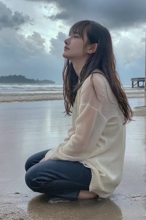 22year old beautiful girl、Highest image quality、realistic、16K、beautiful woman、long hair、With bangs、Pretty slim、heavy rain、While walking through the Beach in the rain、wet from heavy rain、Full body figure、Look up at the sky、sitting on the beach、Look up at th...