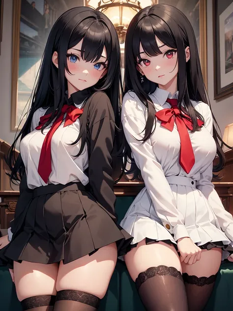 ((best quality)), ((Masterpiece)), (details), 2 girls, The first one has long black hair.,red eyes,big breasts,Slim figure,small hips,wearing a red school uniform,Put on white stockings, Two people with short black hair,blue eyes,small hips,Wear a green ,W...