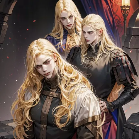 Castlevania Shadow Lord is handsome, broad shoulders, but in armor Lord Dracula leads the monastery, hyper-realistic, super-detailed Dynamic pose, super-detailed face, hyper-realistic, long hair, blonde hair, Sharp facial features, adult, handsome man, in ...