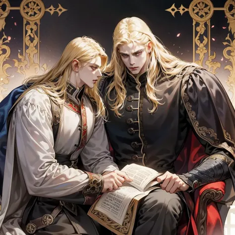 Castlevania Shadow Lord is handsome, broad shoulders, but in armor Lord Dracula leads the monastery, hyper-realistic, super-detailed Dynamic pose, super-detailed face, hyper-realistic, long hair, blonde hair, Sharp facial features, adult, handsome man, in ...