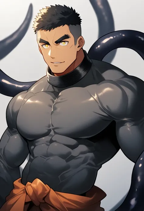 anime characters：Superhero in tights, negro black skin, He was entangled by a large number of thick black tentacles, Wrap around the neck, Wrap around the waist, Tightly tied, Manliness, male focus, Yellow and black high collar long sleeve tight T-shirt, S...