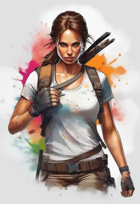 A t-shirt with style, t-shirt design, centered artwork, 2D vector, watercolor, Lara Croft Tomb Raider, white background, Adobe Illustration, Trending on Artstation, hd, 8K, intricate details, vibrant eyes, gorgeous art, masterpiece, by Rafael Albuquerque ,...