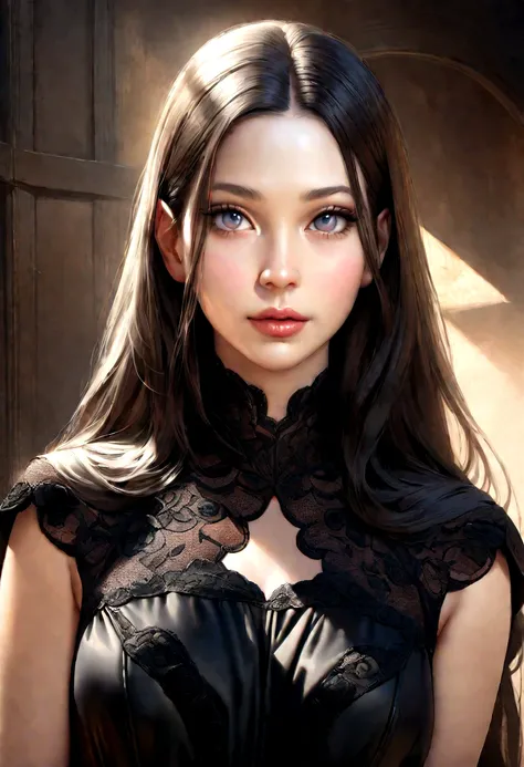 photorealistic, lip gloss, realistic, best quality, ultra high resolution, depth, pastel color, natural shading, focus on the face, just the face, looking at the viewer, long hair, black hair, brown and well-detailed eyes, black dress, gloves, anatomically...