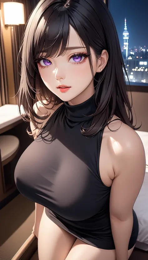 masterpiece, high resolution, beautiful woman, Korean Beauty, 30 years old, black sleeve less turtle neck, mini pencil skirt, beautiful woman, night hotel, looking at me, (high resolution face), (high resolution eyes), (high quality eyes), black hair, big ...