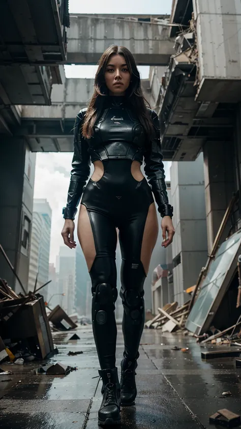 woman from future, wearing robotics uniform, debris buildings, futuristic, 