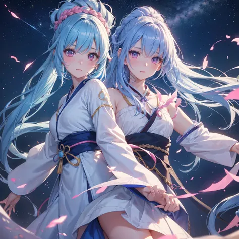 Sky blue hair, (One braided ponytail),(Pink Eyes),Fair skin ,(whole body),(One girl),Hanfu,Tanabata,(A beautiful Milky Way in the night sky),Hollow Eyes,Blushing,Straight bangs,(masterpiece, Highest quality, Very detailed, Best Shadow), (Detailed Backgroun...