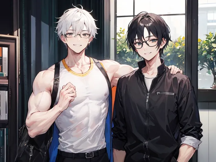 A muscular man smiling at a slim man wearing glasses, placing his hand on his shoulder and smiling、Highest quality、
