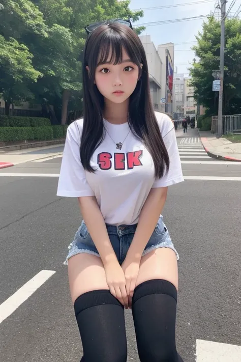 Black knee-high socks、Plump thighs、Highest quality、8K、Junior high school girl、Big Breasts、Denim shorts、I can see your pants、Embarrassed