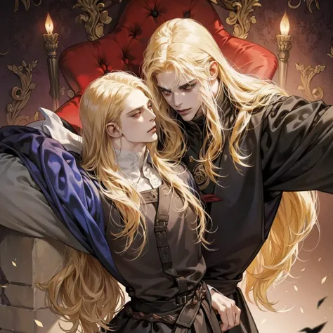 One, Castlevania Shadow Lord is handsome,  Lord Dracula leads the monastery, hyper realistic super detailed dynamic pose super detailed face, long hair, blonde hair, Sharp facial features, adult, handsome man, in medieval attire