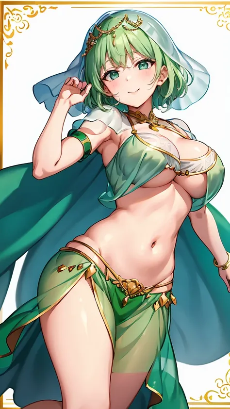 Girl with short green hair, Small breasts, Green Eyes, White Casual Wear Beauty Special、((((tits)))),Full body photo from head to toe、Belly dance、Dancer、National costume、See-through、Angle Shot、Decoration、Luxury accessories、Face veil around the mouth、Dancin...