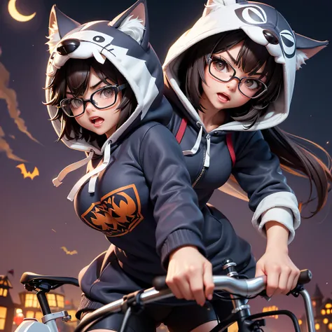 (Highest quality:1.2)。One Woman。Beautiful woman。Brunette short bob。Glasses。Angry expression。(Wearing a hooded wolf costume)。(Riding hard on a bicycle)。The background is a Halloween town at night。