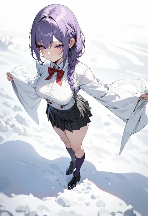 masterpiece,(bestquality),highlydetailed,ultra-detailed, cold, solo, (1girl), dark purple hair, very long single braid, bright purple eyes, white collared shirt with white furisode sleeves, thin red bow tie under the collar, diamond-shaped pin on the front...