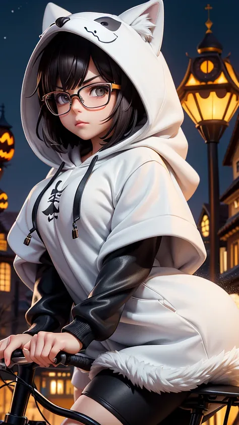 (Highest quality:1.2)。One Woman。Beautiful woman。Brunette short bob。Glasses。Angry expression。(Wearing a hooded wolf costume)。(Riding hard on a bicycle)。The background is a Halloween town at night。