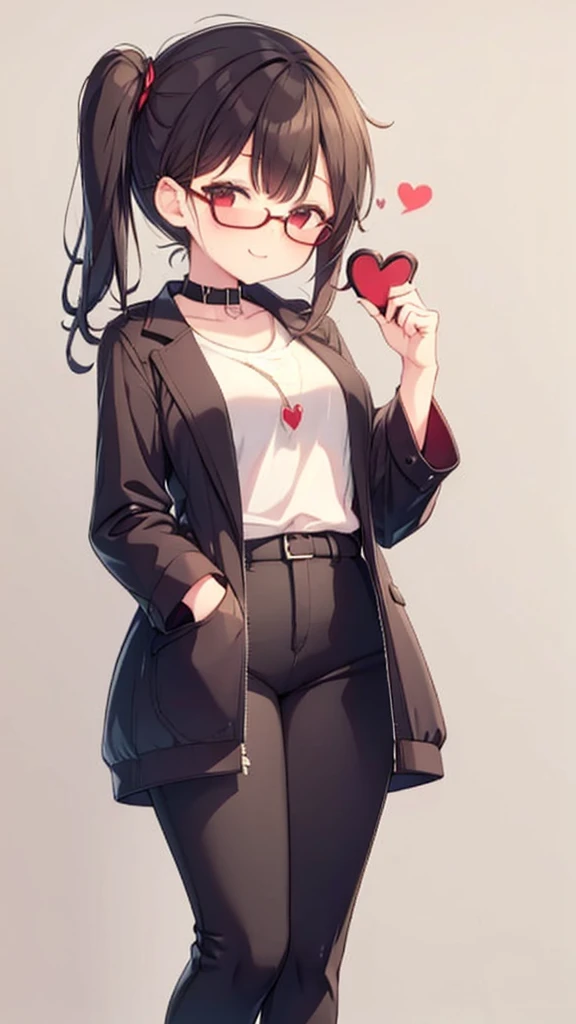 a woman in glasses holding up a red heart in her hand, on her phone, 1girl, solo, heart, glasses, black hair, smile