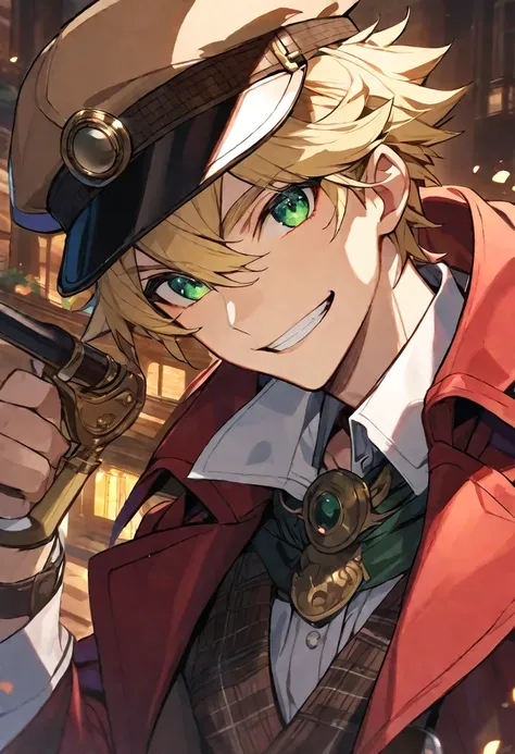 Solo, 1 male, blonde hair, green eyes, white shirt, red coat, detective, smile facial