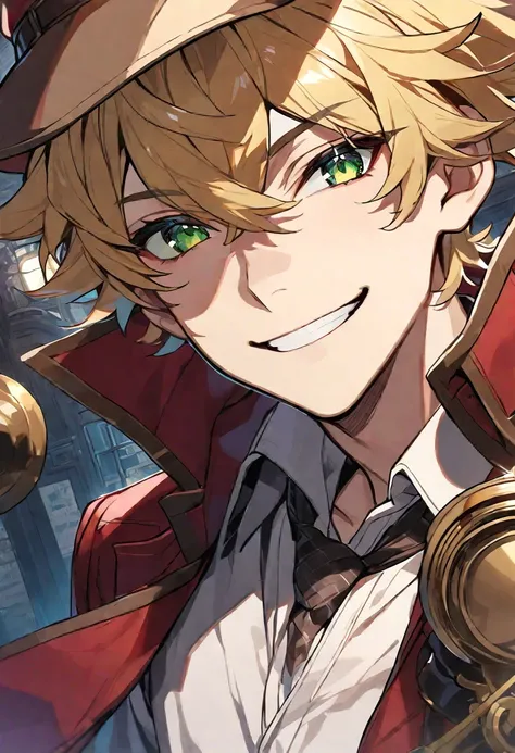 Solo, 1 male, blonde hair, green eyes, white shirt, red coat, detective, smile facial