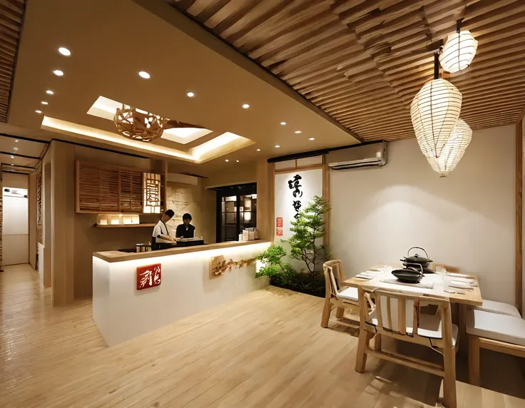 (master interior designs), (good detail) an interior shot of a reception space in a ramen restaurant with a modern japanese styl...