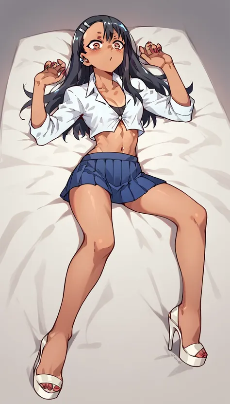 hayase nagatoro, dark-skinned, unbuttoned crop-top, blue pleated skirt, clear open-toe platform high heels, red nails