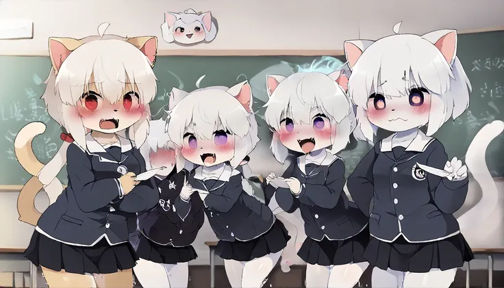 a cat furry ghost with white hair tie hair in the back, get caught by classmates in school