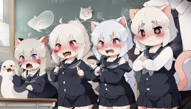 A cat furry ghost with white hair Tie hair in the back, get caught by classmates in school 